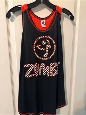 Zumba Fitness Black Tank Top with Red Trim and Checkerboard Logo